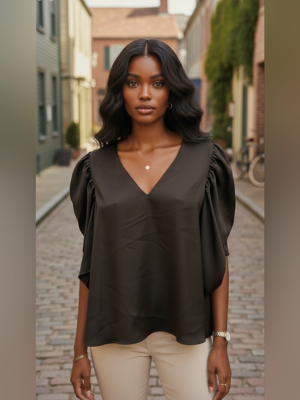 Crosby by Mollie Burch Chocolate Brown Puff Sleeve Satin Blouse Top Size L